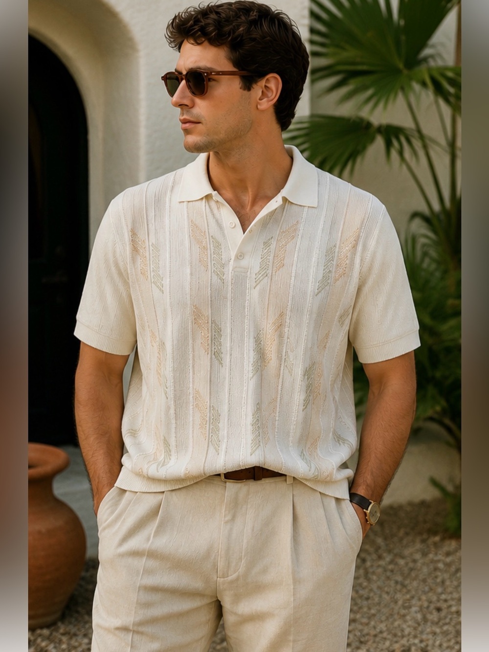 NWT Vintage St. Croix Knit Polo Shirt Large Ivory Textured Geometric USA